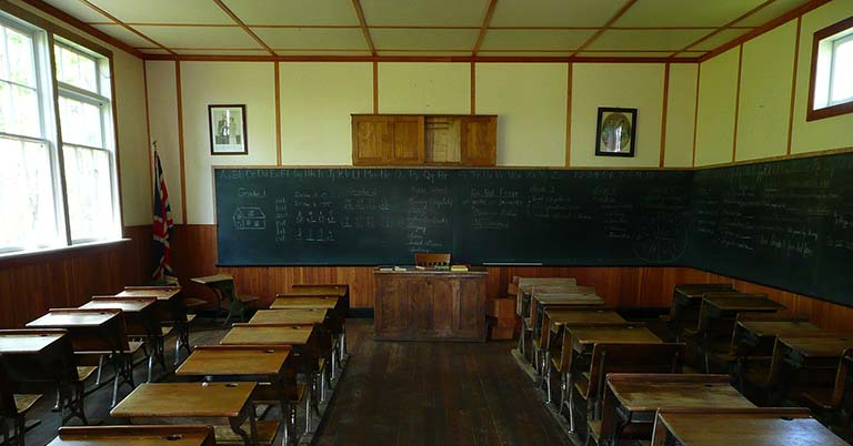 empty classroom with desks and chalkboard